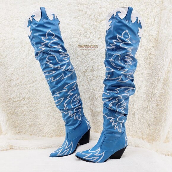 Turquoise Blue Embroidered White Western OTK Thigh High Slouch Cowboy Boots - Picture 15 of 15